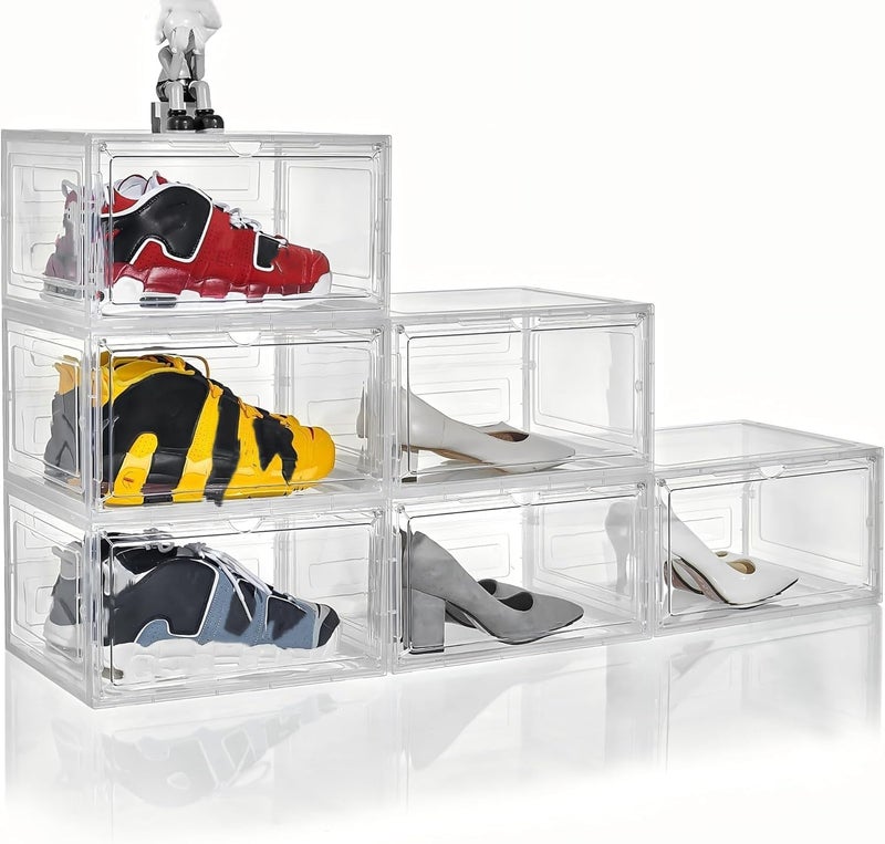 Attelite Clear Shoe Box Plastic Stackable Upgraded 6 Pack Shoe Storage Box Organizer with Clear Large Magnetic Door for Display Sneakers Easy Assembly, White - Image 1